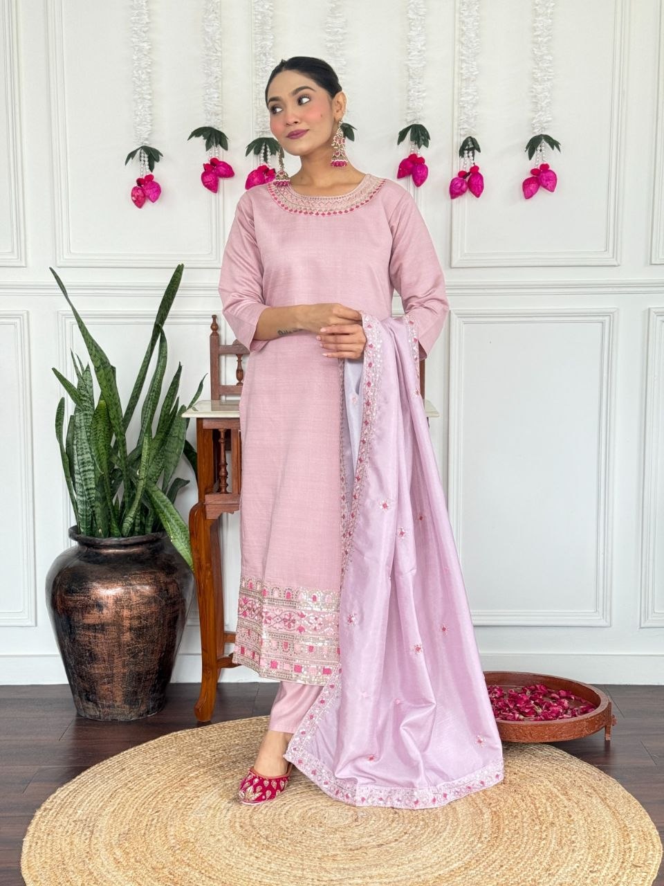 Women's Embroidered PV Chanderi Kurta Pant Set with Silk Dupatta