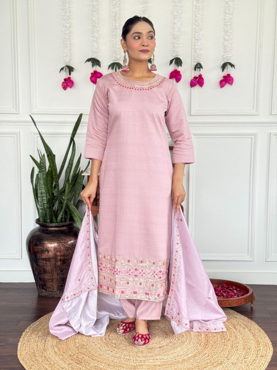 Women's Embroidered PV Chanderi Kurta Pant Set with Silk Dupatta