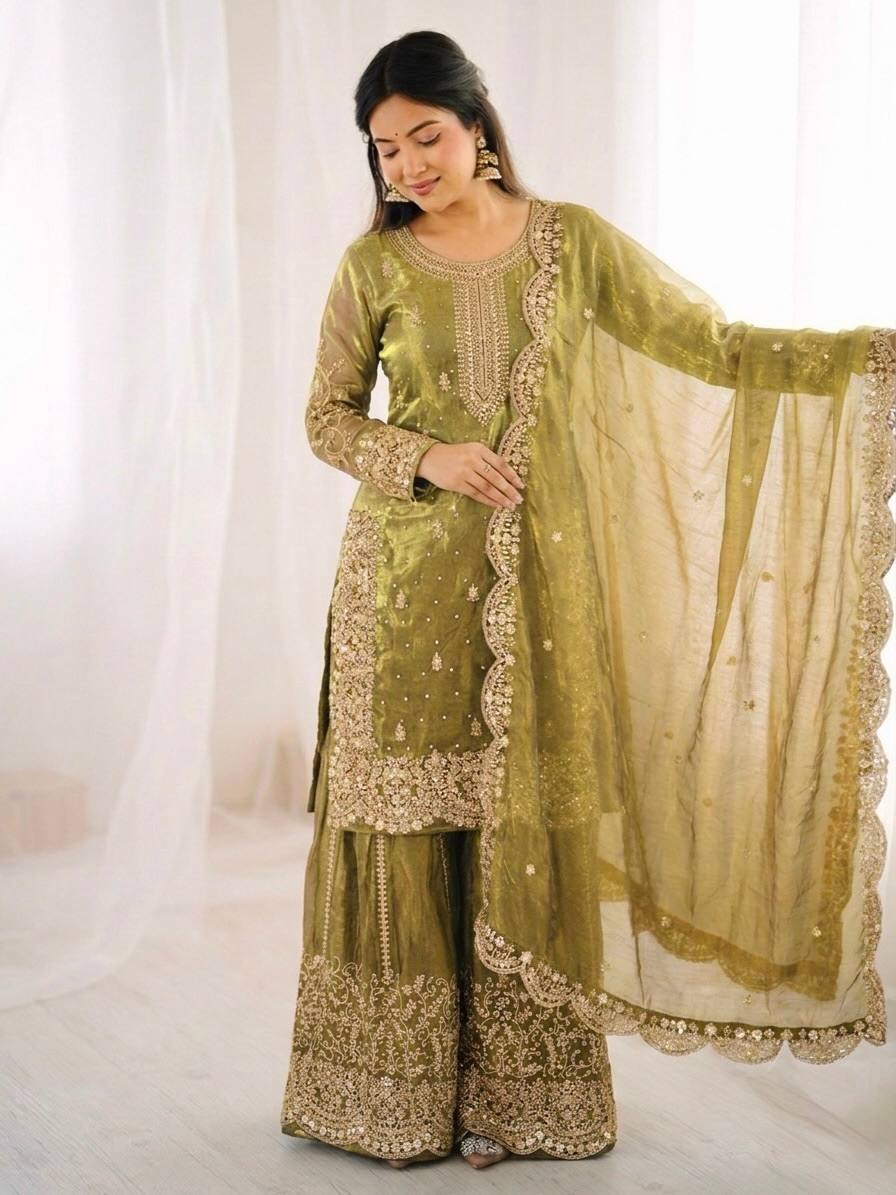 Women's Fendy Silk Embroidered Palazzo Suit Set with Lace Border Dupatta