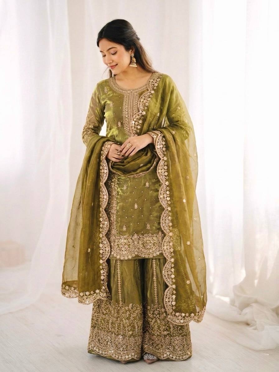 Women's Fendy Silk Embroidered Palazzo Suit Set with Lace Border Dupatta
