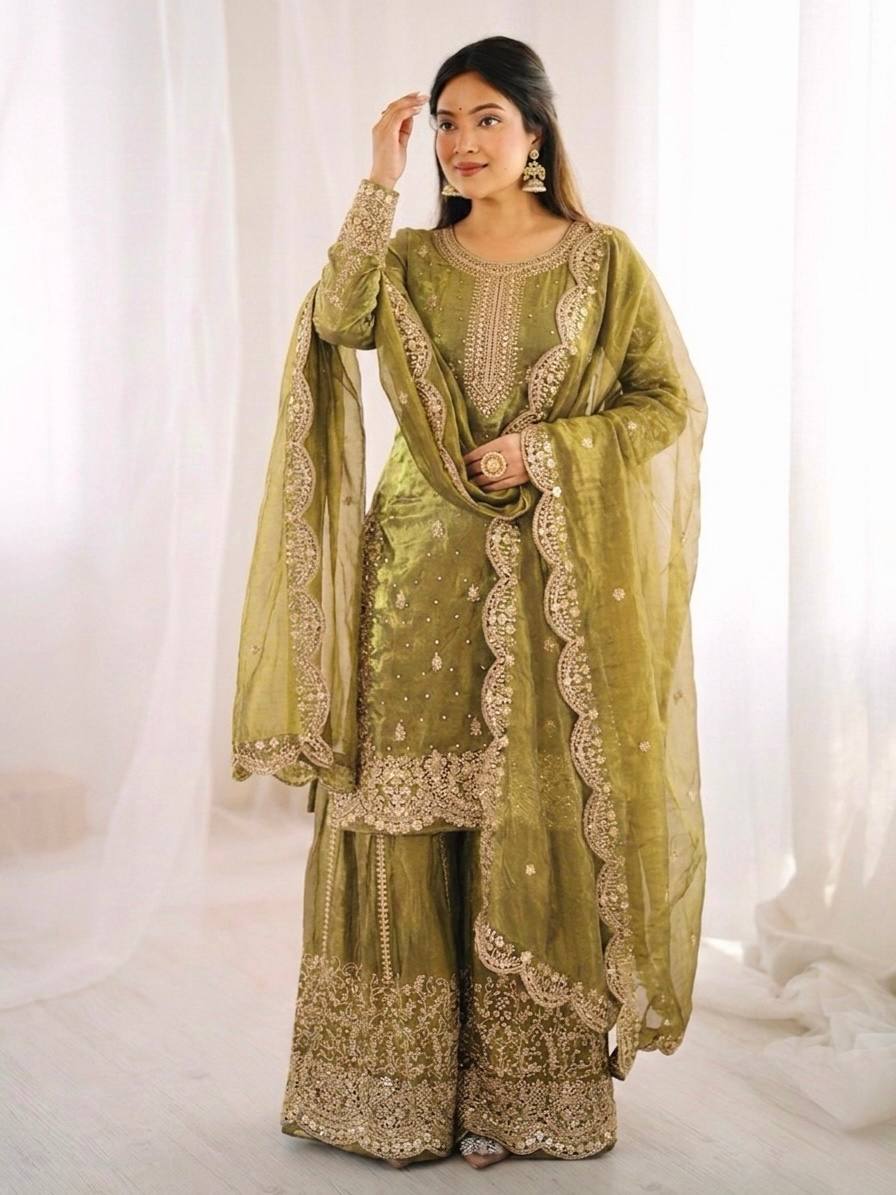 Women's Fendy Silk Embroidered Palazzo Suit Set with Lace Border Dupatta