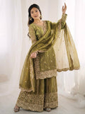 Women's Fendy Silk Embroidered Palazzo Suit Set with Lace Border Dupatta