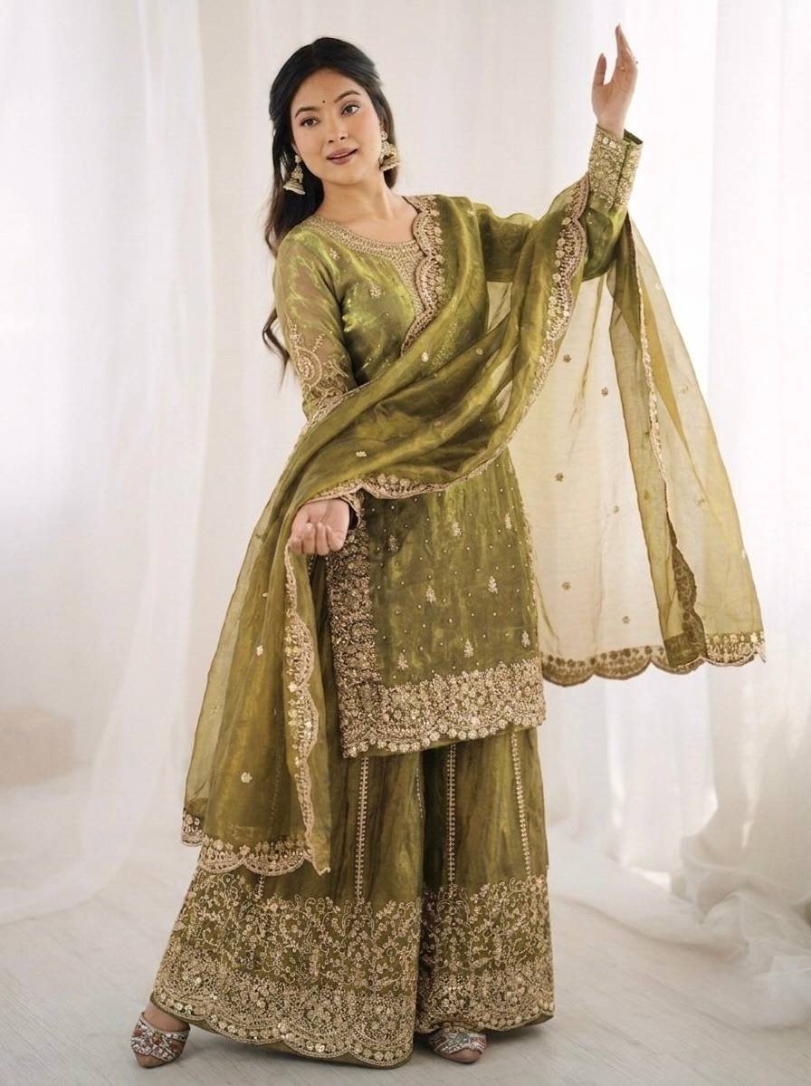 Women's Fendy Silk Embroidered Palazzo Suit Set with Lace Border Dupatta