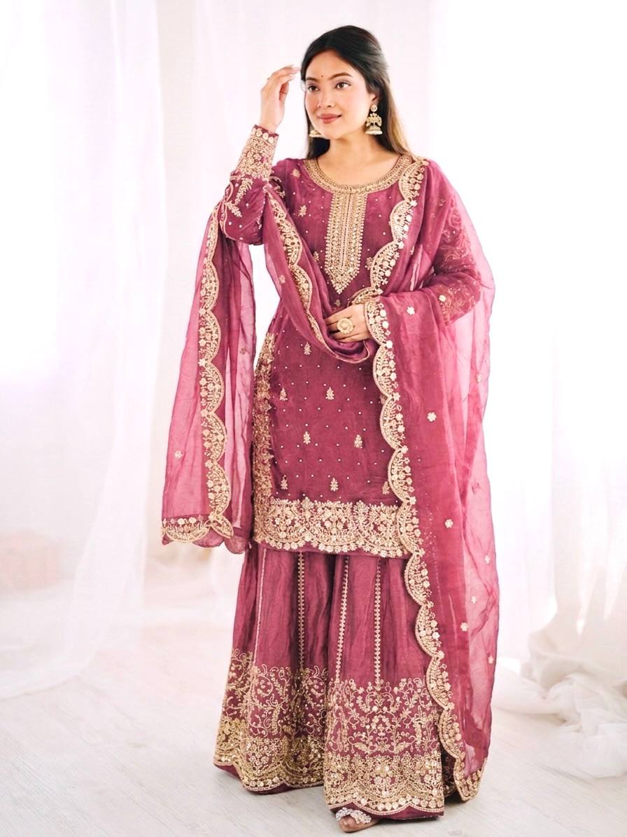Women's Fendy Silk Embroidered Palazzo Suit Set with Lace Border Dupatta