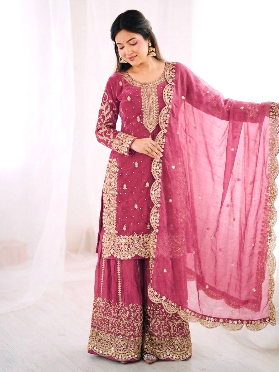 Women's Fendy Silk Embroidered Palazzo Suit Set with Lace Border Dupatta