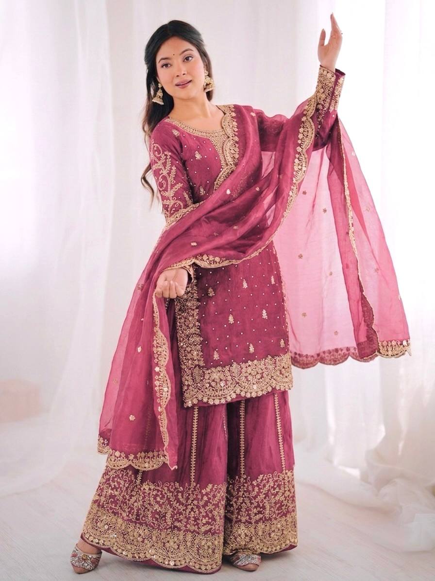 Women's Fendy Silk Embroidered Palazzo Suit Set with Lace Border Dupatta