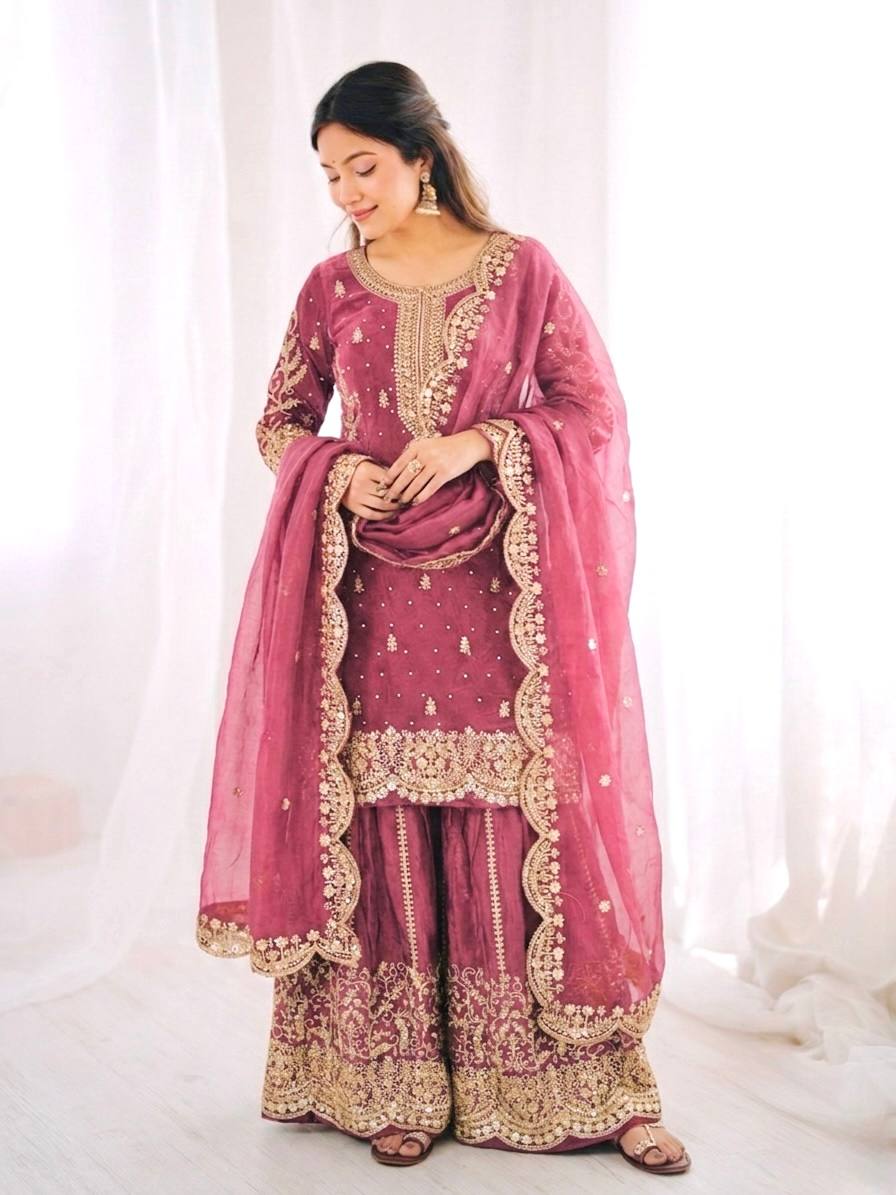 Women's Fendy Silk Embroidered Palazzo Suit Set with Lace Border Dupatta