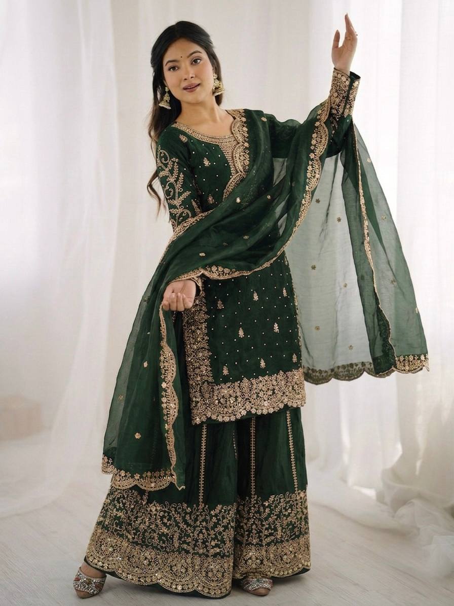 Women's Fendy Silk Embroidered Palazzo Suit Set with Lace Border Dupatta