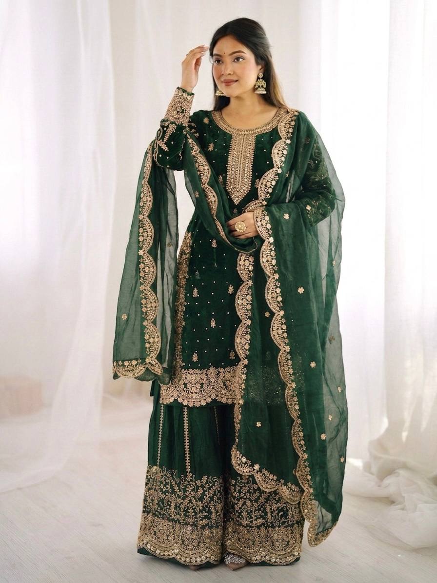 Women's Fendy Silk Embroidered Palazzo Suit Set with Lace Border Dupatta