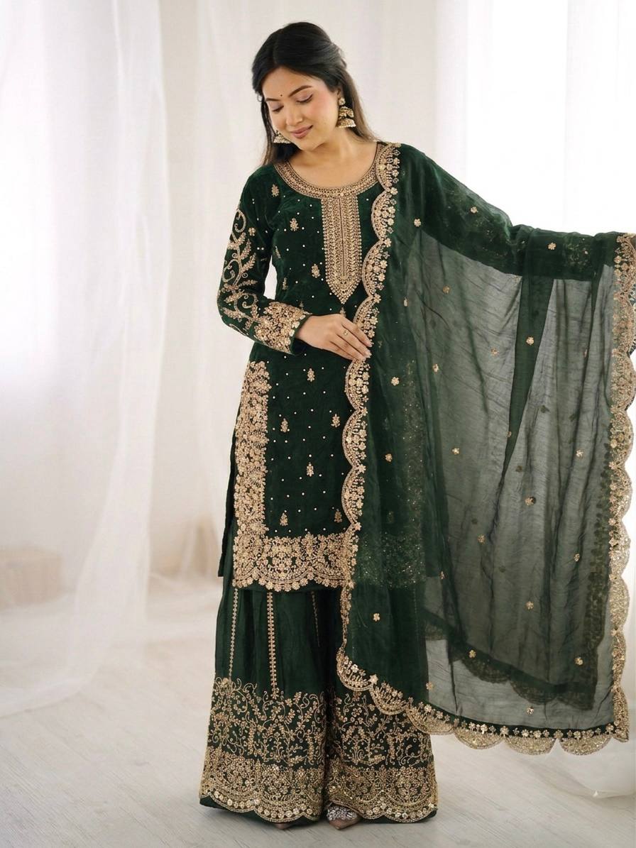 Women's Fendy Silk Embroidered Palazzo Suit Set with Lace Border Dupatta