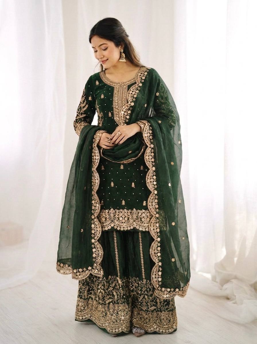 Women's Fendy Silk Embroidered Palazzo Suit Set with Lace Border Dupatta