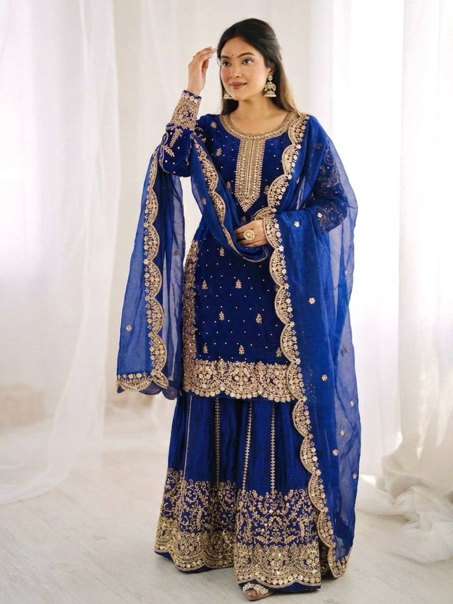 Women's Fendy Silk Embroidered Palazzo Suit Set with Lace Border Dupatta