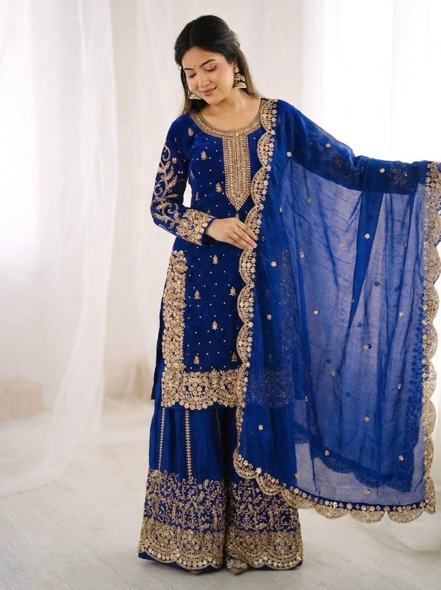 Women's Fendy Silk Embroidered Palazzo Suit Set with Lace Border Dupatta