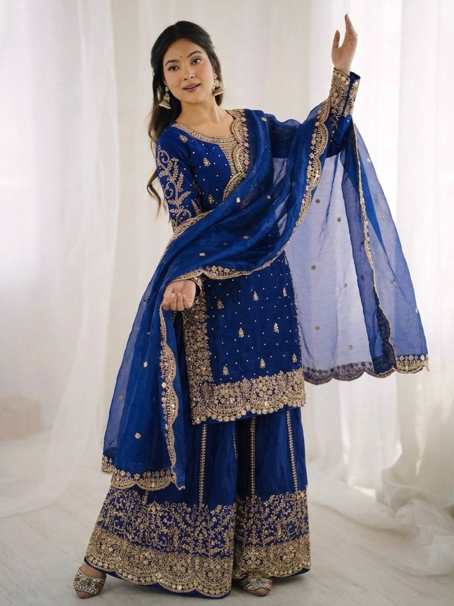 Women's Fendy Silk Embroidered Palazzo Suit Set with Lace Border Dupatta