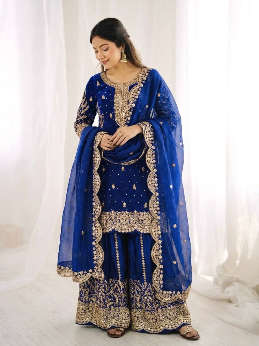 Women's Fendy Silk Embroidered Palazzo Suit Set with Lace Border Dupatta