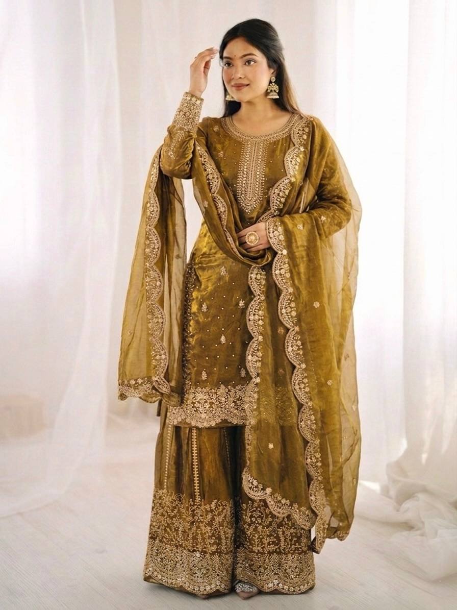 Women's Fendy Silk Embroidered Palazzo Suit Set with Lace Border Dupatta