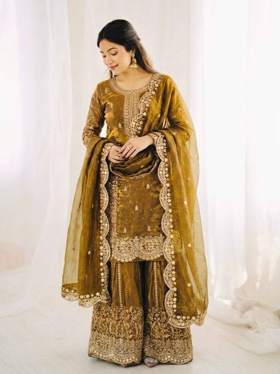 Women's Fendy Silk Embroidered Palazzo Suit Set with Lace Border Dupatta