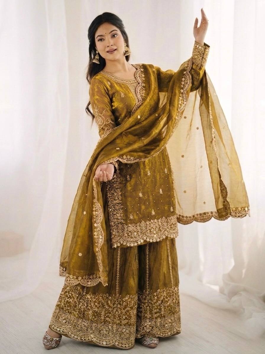 Women's Fendy Silk Embroidered Palazzo Suit Set with Lace Border Dupatta