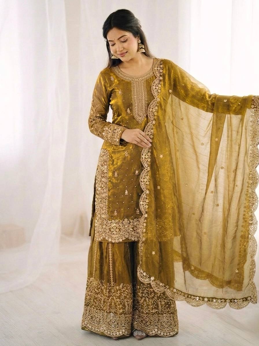 Women's Fendy Silk Embroidered Palazzo Suit Set with Lace Border Dupatta