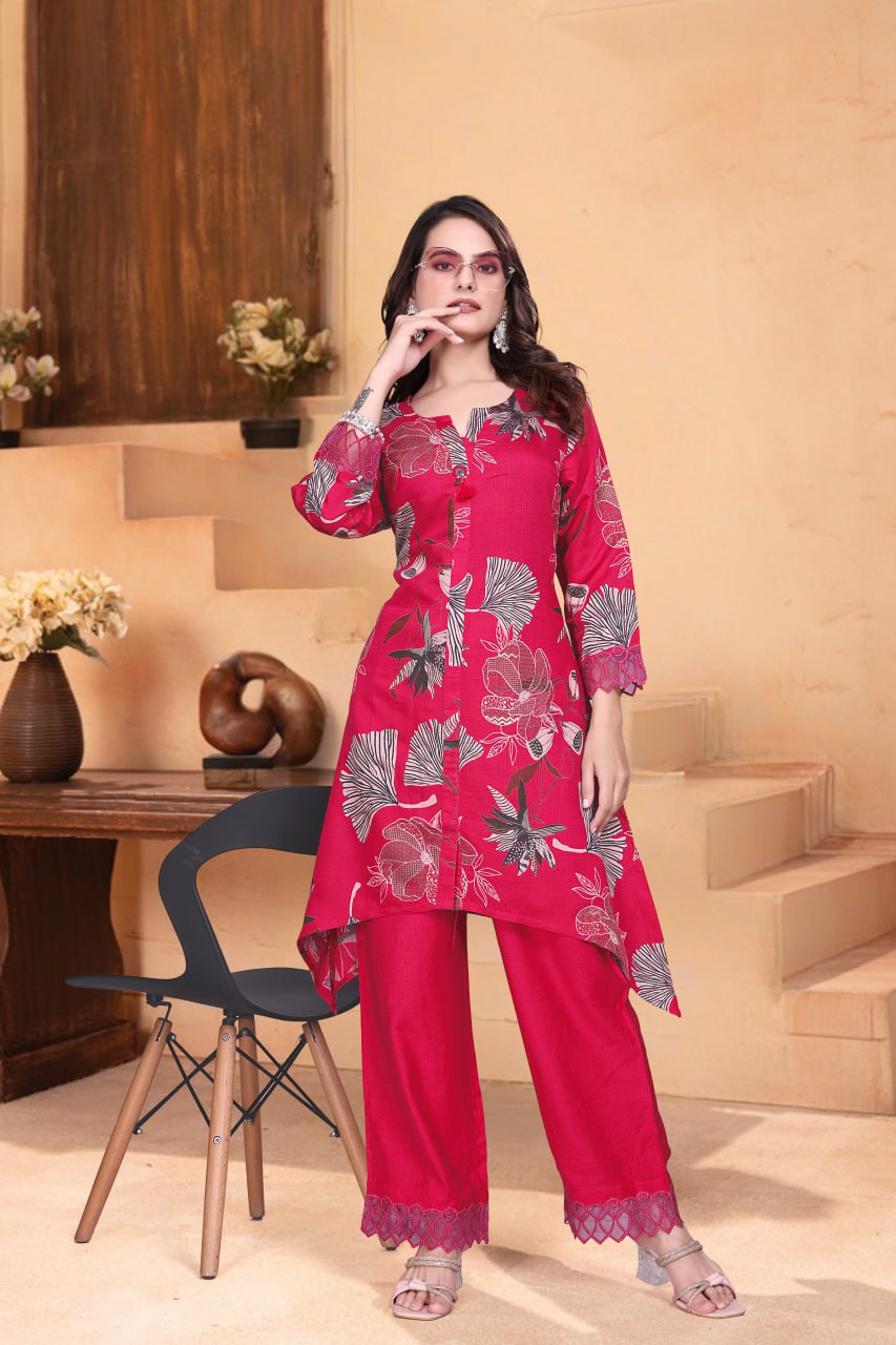 Printed Vertican Co-Ord Set with Organza Lace Work