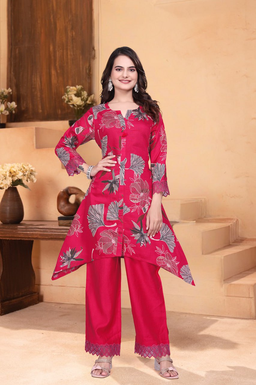Printed Vertican Co-Ord Set with Organza Lace Work