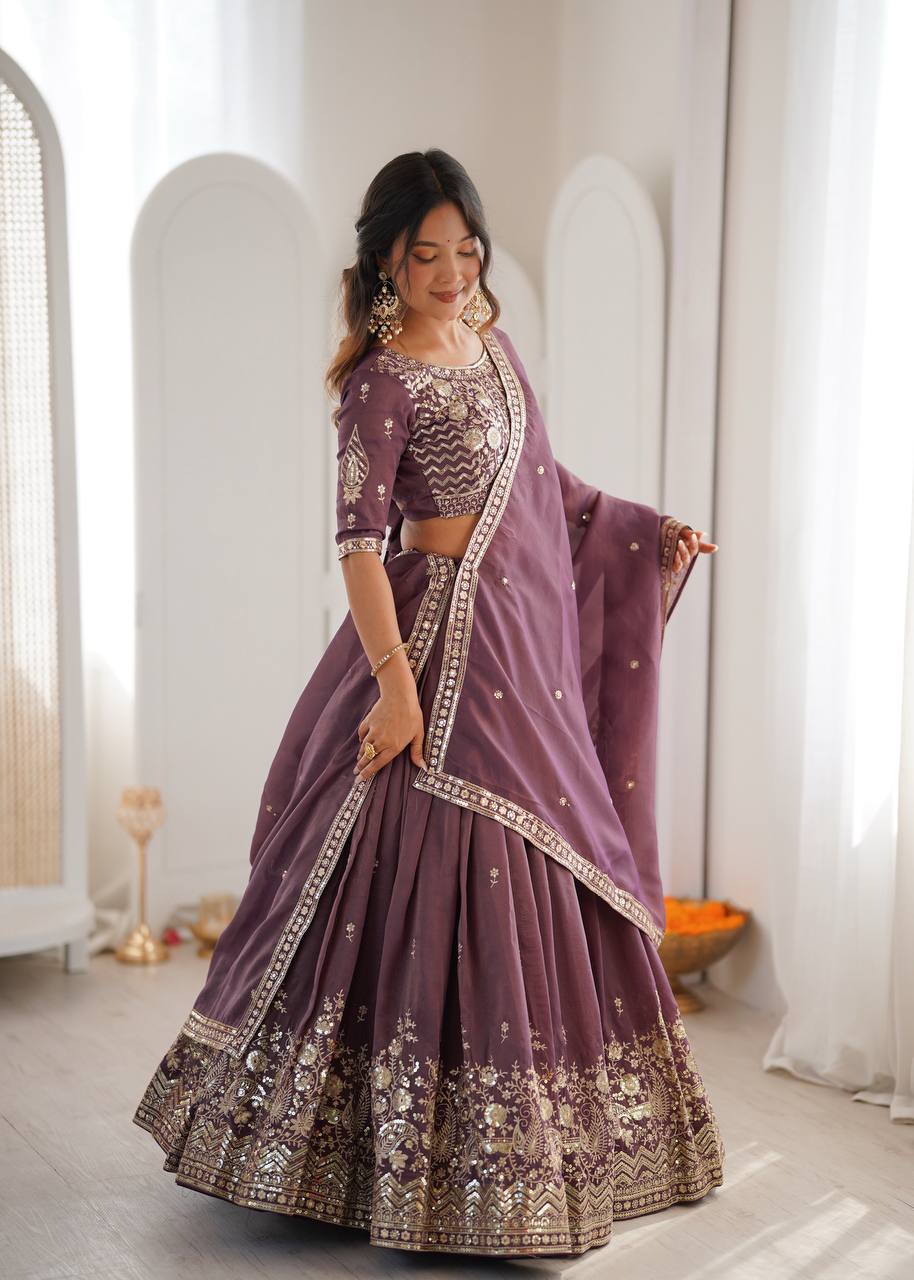 Women's Shimmer Silk Embroidered Lehenga Choli Set with Dupatta