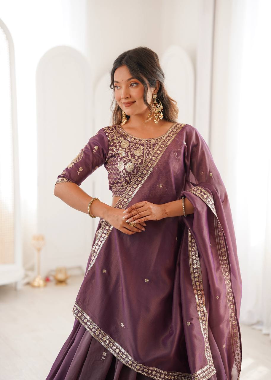 Women's Shimmer Silk Embroidered Lehenga Choli Set with Dupatta