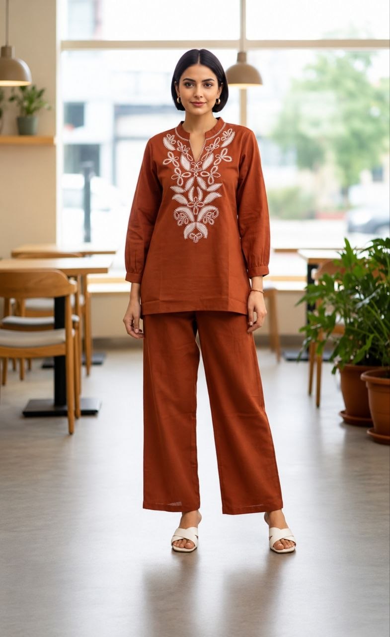 Women's Embroidered Cotton Flex Co-Ord Set with Matching Bottom