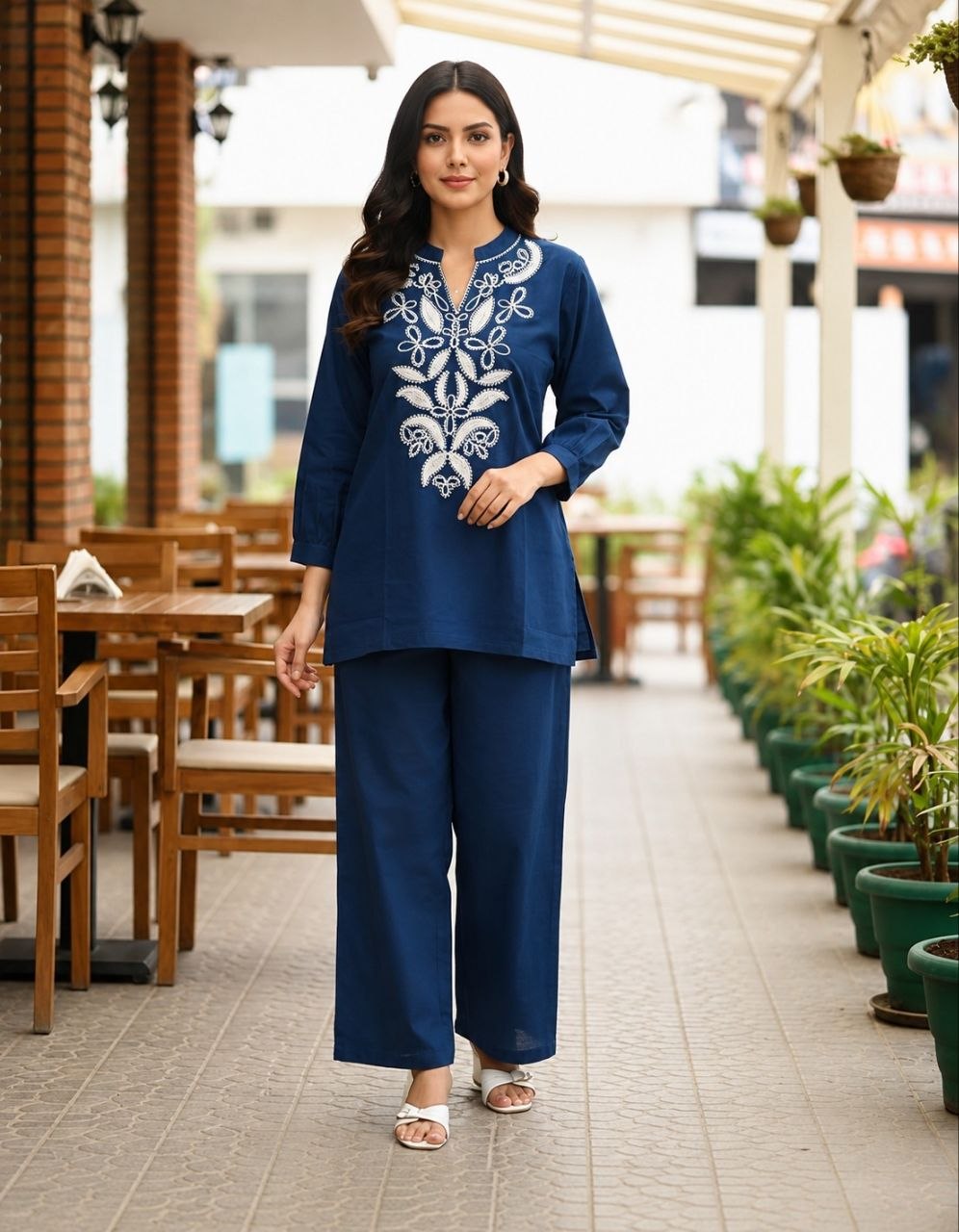 Women's Embroidered Cotton Flex Co-Ord Set with Matching Bottom