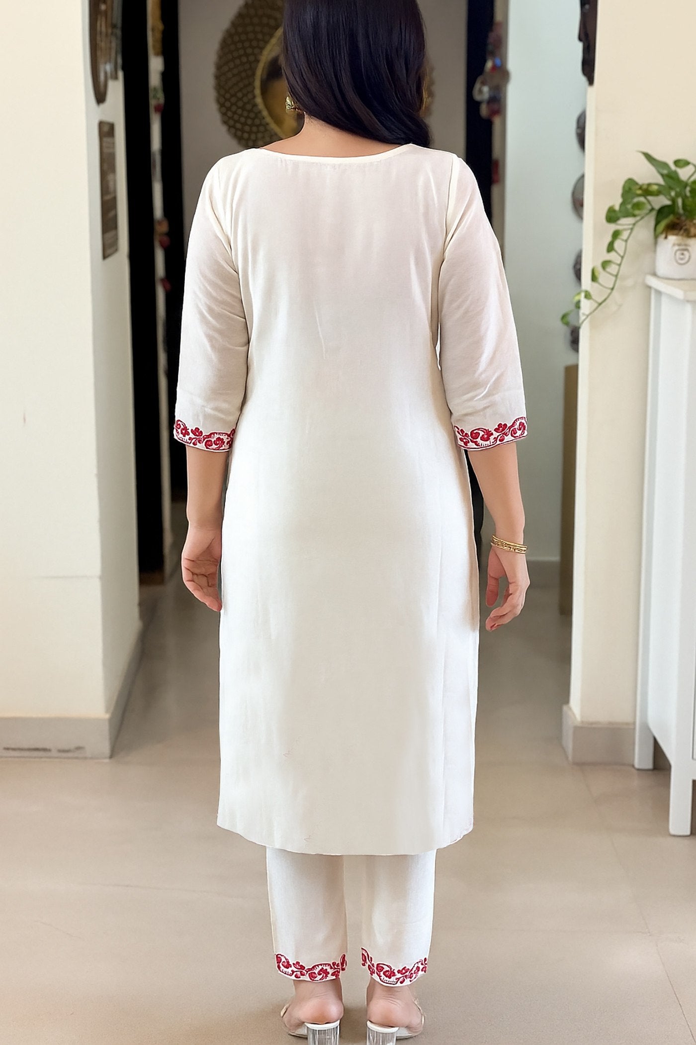 Women's White Tesla Embroidered Kurta Pant Set with Vichitra Dupatta