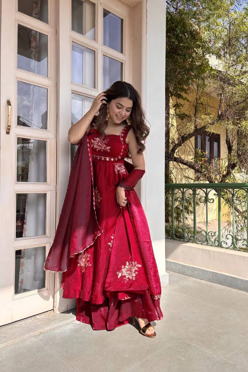 Women's Fendy Silk Embroidered Kurta Palazzo Set with Dupatta