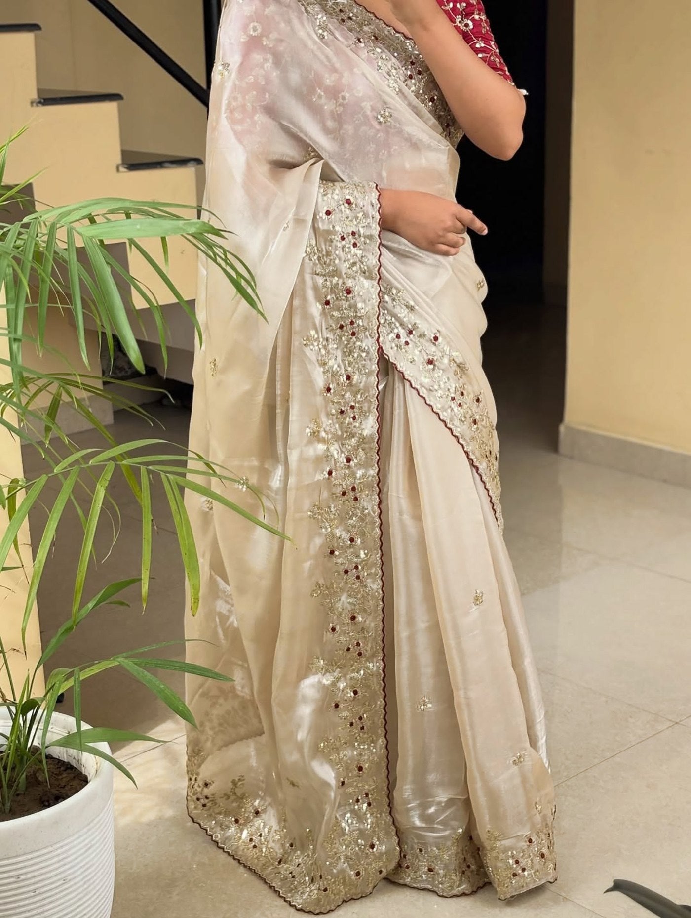 Women's White Bangalori Party Wear Saree with Embroidered Unstitched Blouse