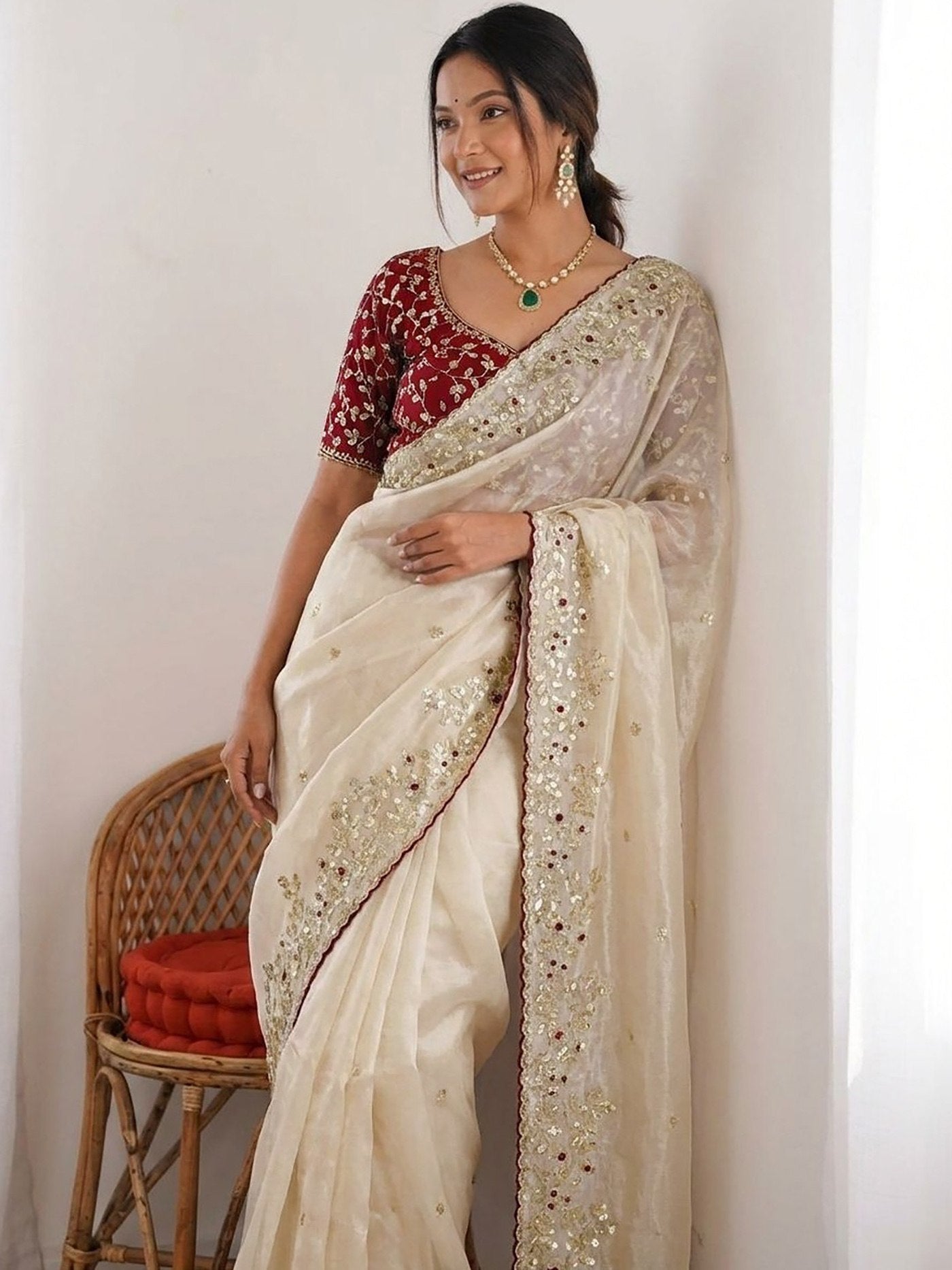 Women's White Bangalori Party Wear Saree with Embroidered Unstitched Blouse