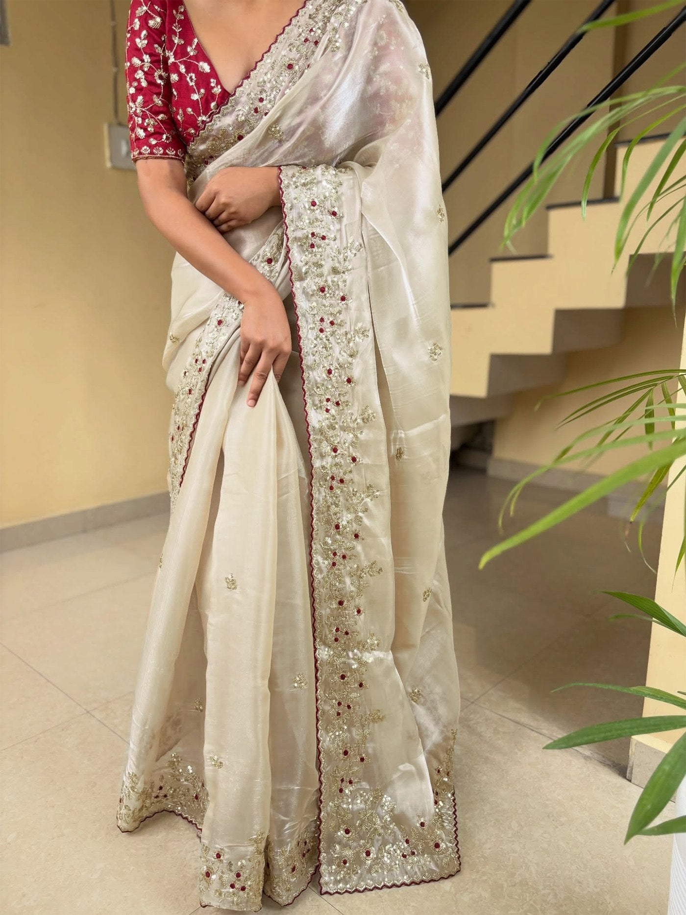 Women's White Bangalori Party Wear Saree with Embroidered Unstitched Blouse