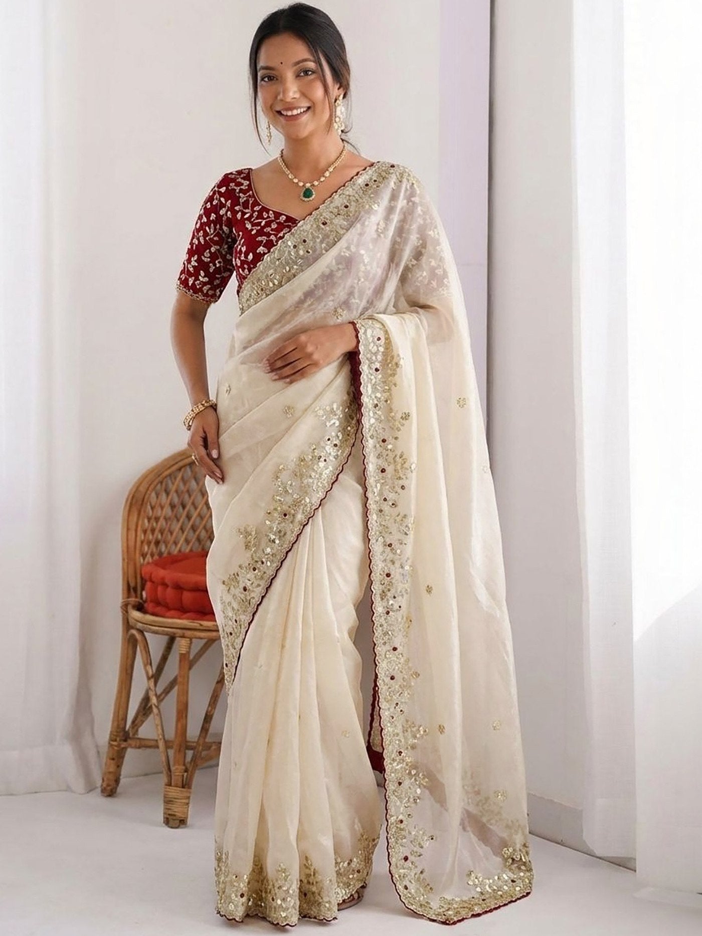 Women's White Bangalori Party Wear Saree with Embroidered Unstitched Blouse