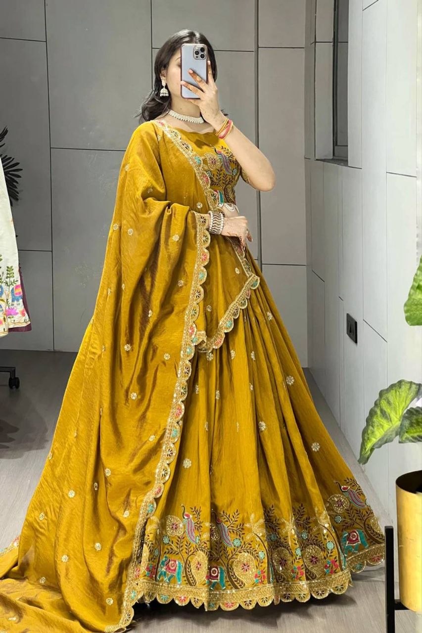 Women's Vichitra Silk Embroidered Sequence Lehenga Choli with Dupatta