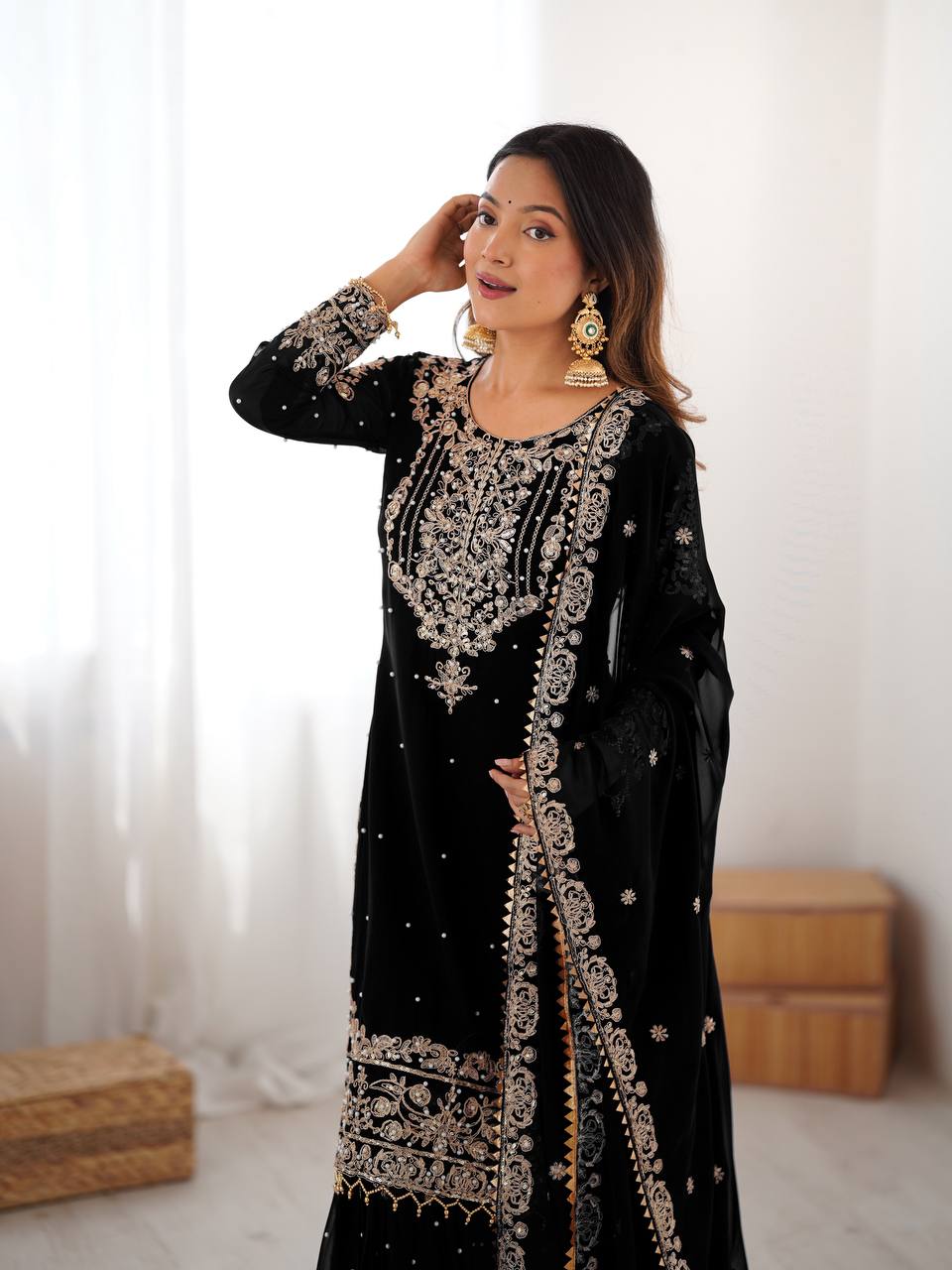 Women's Faux Georgette Embroidered Sharara Set with Dupatta