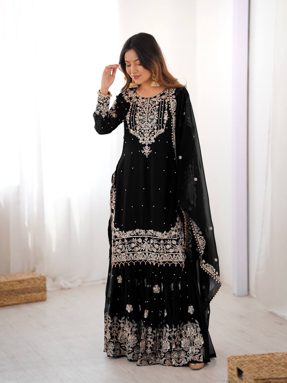 Women's Faux Georgette Embroidered Sharara Set with Dupatta