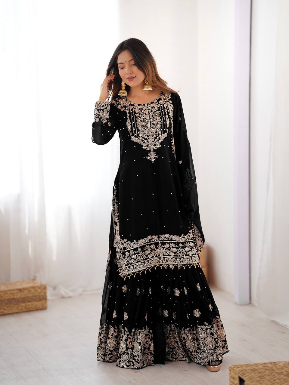 Women's Faux Georgette Embroidered Sharara Set with Dupatta