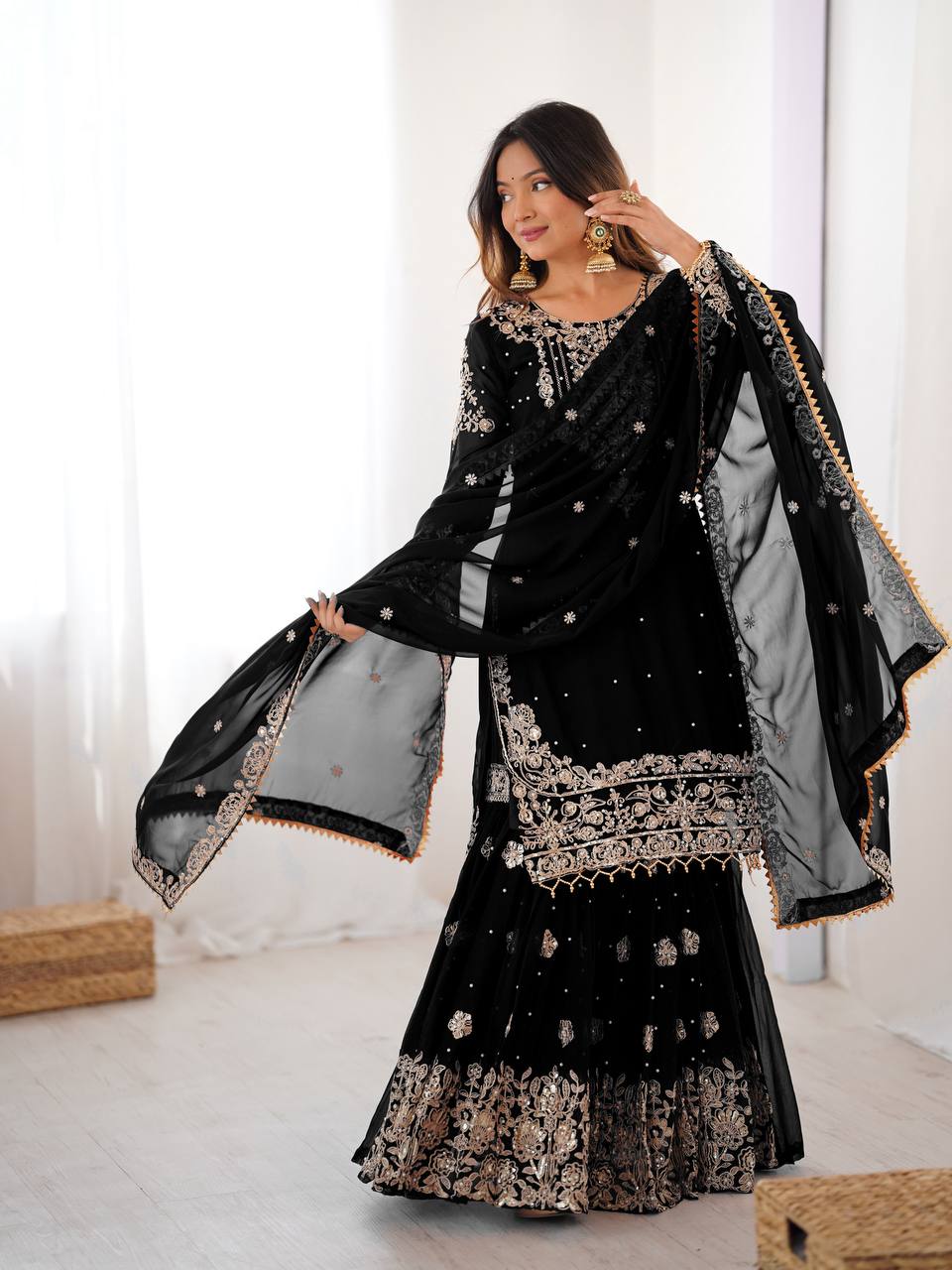 Women's Faux Georgette Embroidered Sharara Set with Dupatta