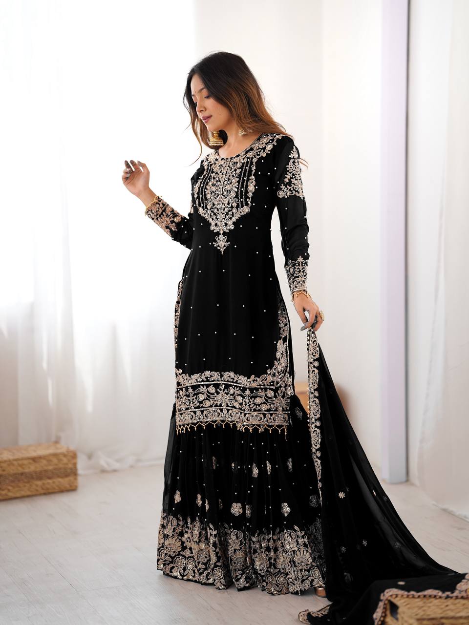 Women's Faux Georgette Embroidered Sharara Set with Dupatta