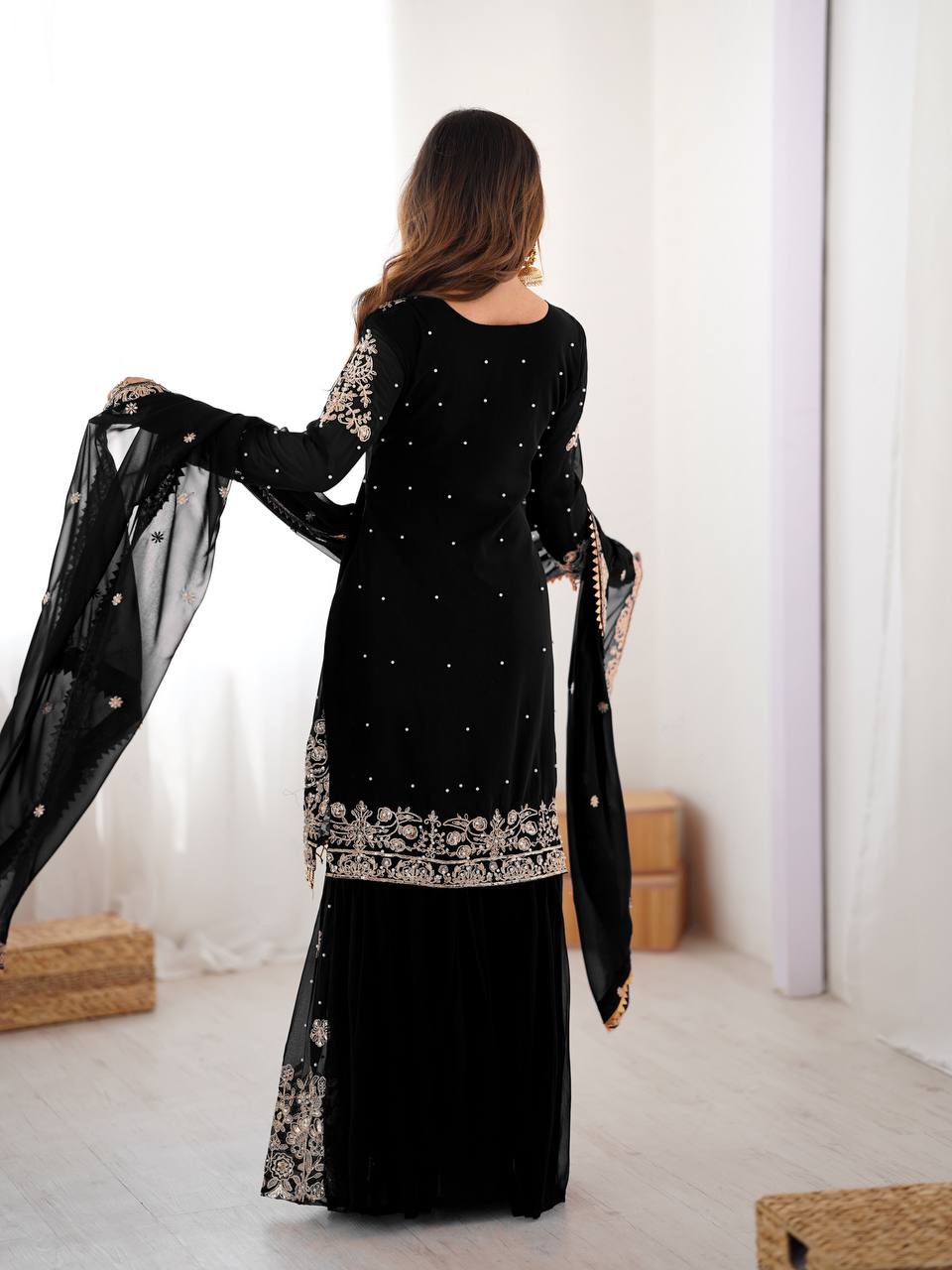 Women's Faux Georgette Embroidered Sharara Set with Dupatta