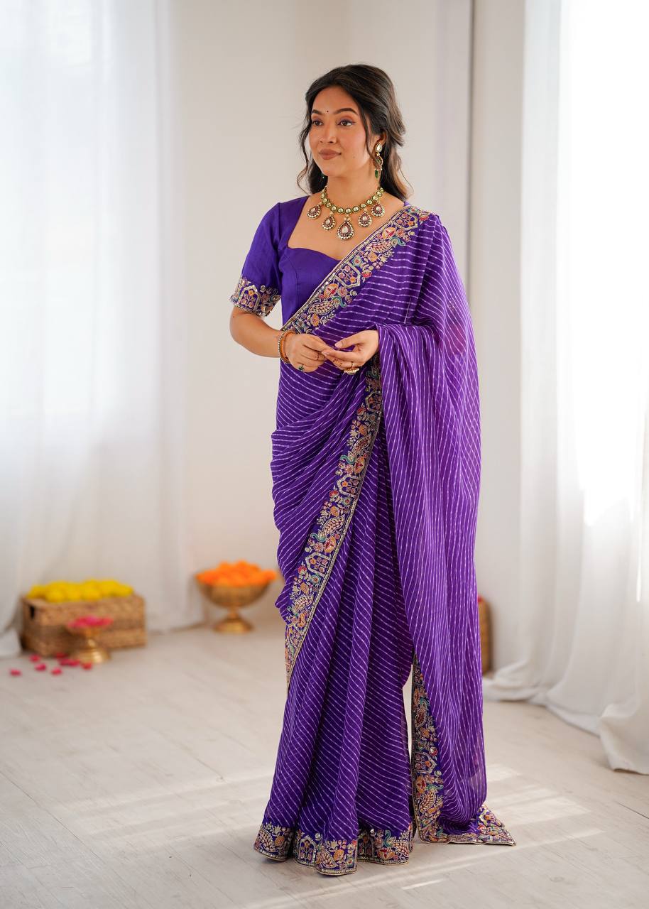 Designer Faux Georgette Embroidered Saree with Badhani Print & Benglori Silk Blouse