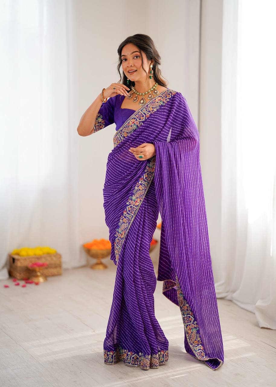 Designer Faux Georgette Embroidered Saree with Badhani Print & Benglori Silk Blouse