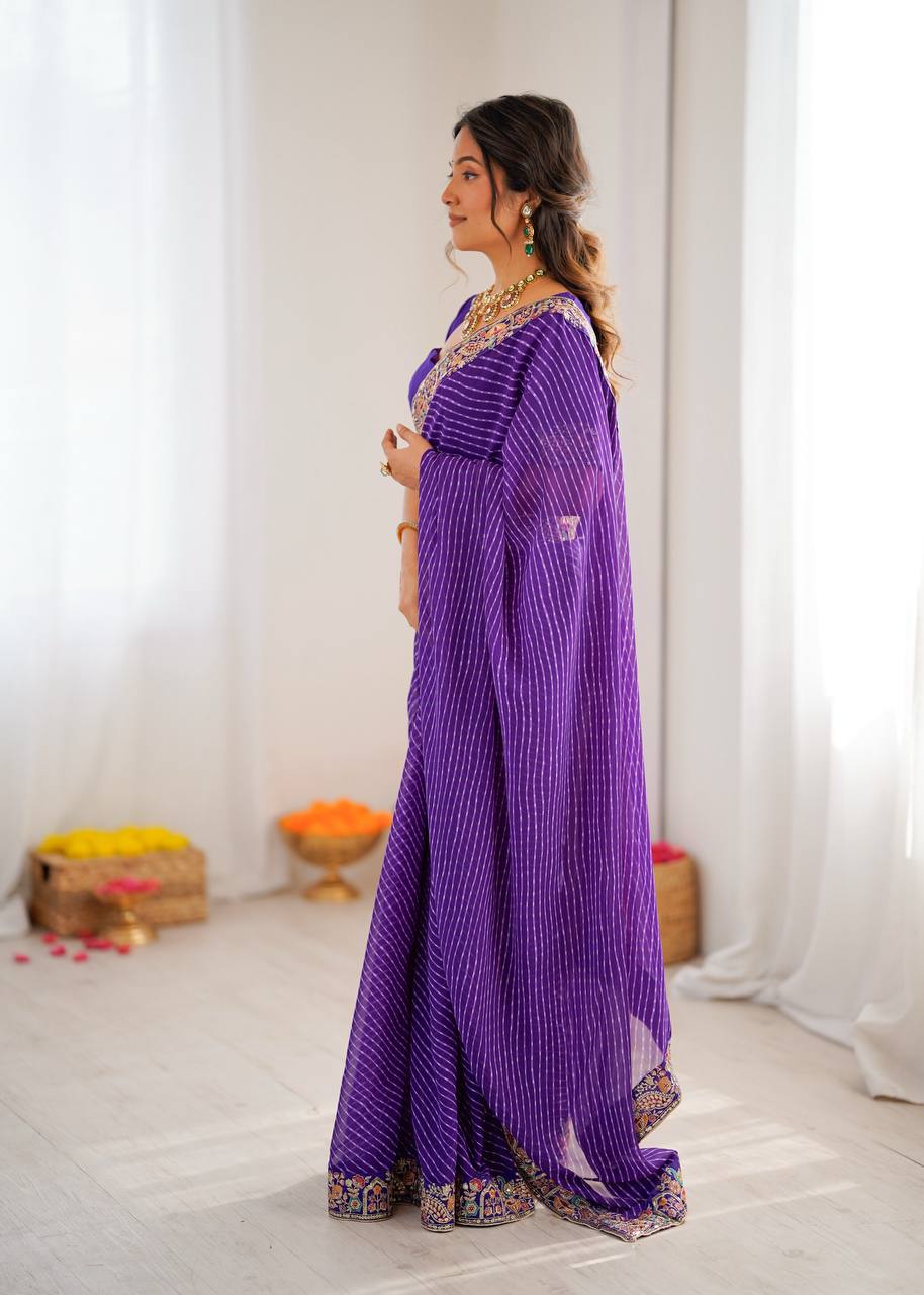 Designer Faux Georgette Embroidered Saree with Badhani Print & Benglori Silk Blouse
