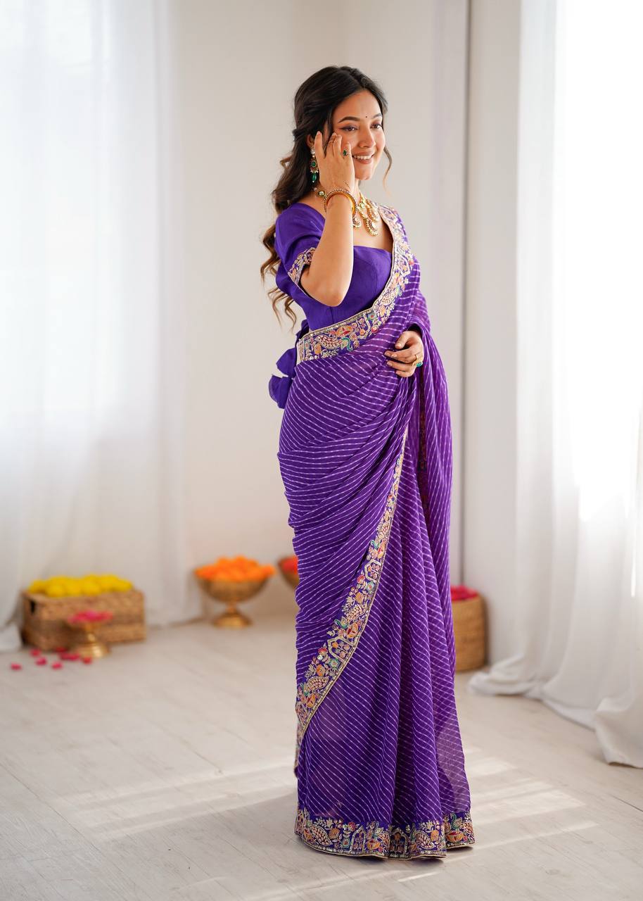 Designer Faux Georgette Embroidered Saree with Badhani Print & Benglori Silk Blouse