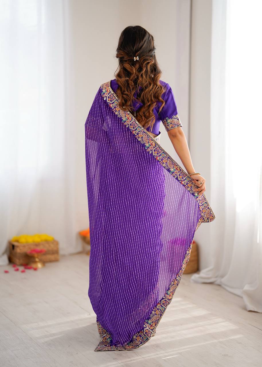 Designer Faux Georgette Embroidered Saree with Badhani Print & Benglori Silk Blouse