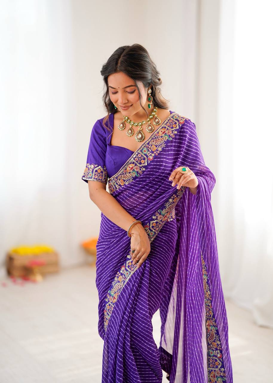 Designer Faux Georgette Embroidered Saree with Badhani Print & Benglori Silk Blouse