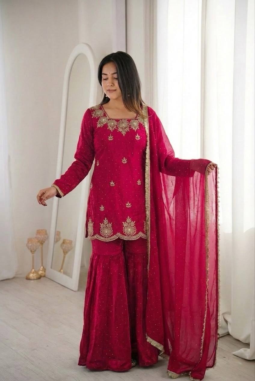Women's Fendy Silk Embroidered Sharara Palazzo Set with Zarkan Diamond Work Dupatta