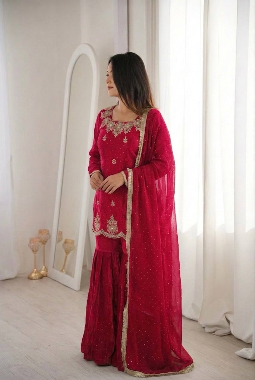Women's Fendy Silk Embroidered Sharara Palazzo Set with Zarkan Diamond Work Dupatta